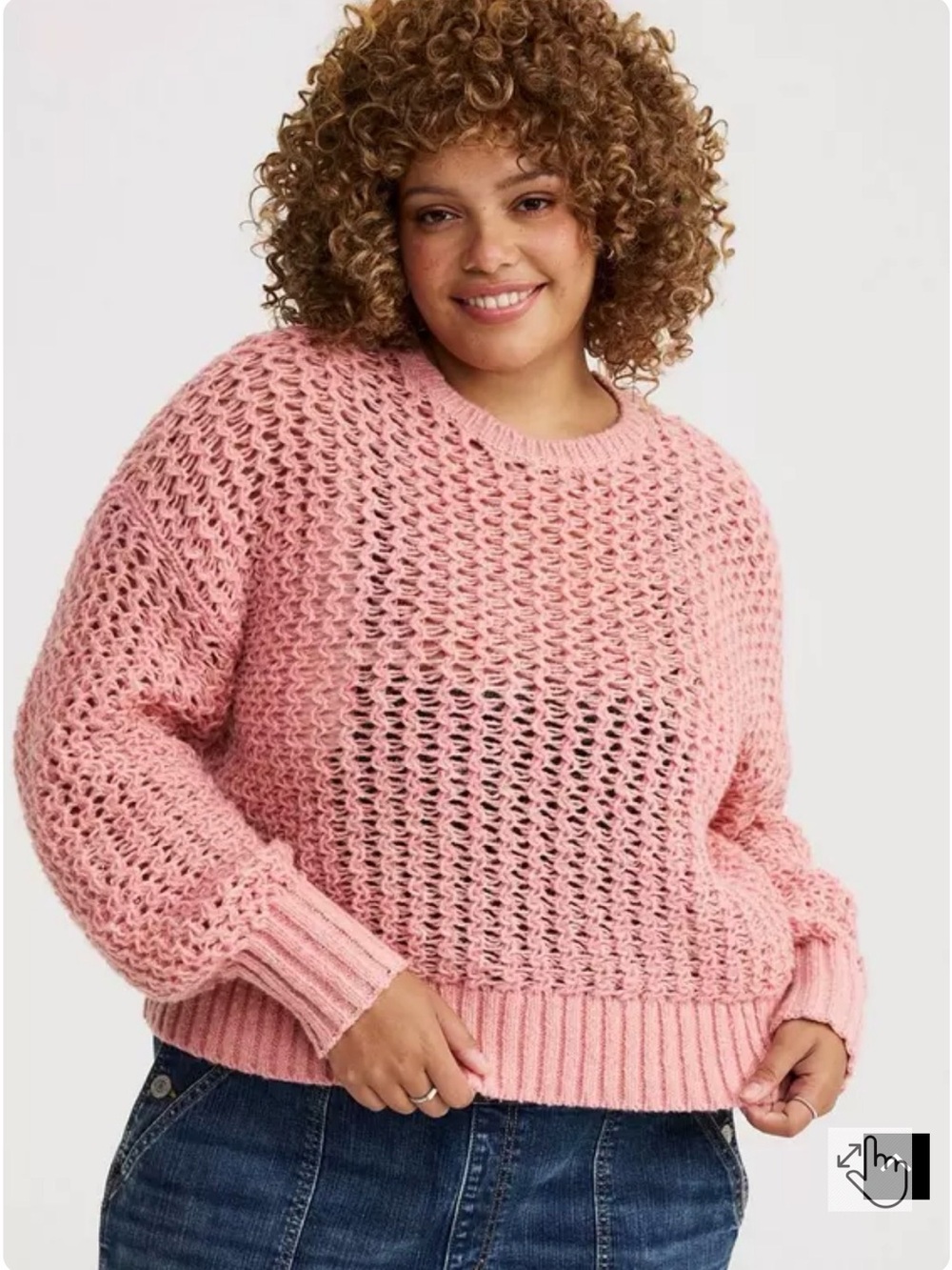 Cropped Open-Knit Crewneck Sweater - Coral/Apricot - Torrid